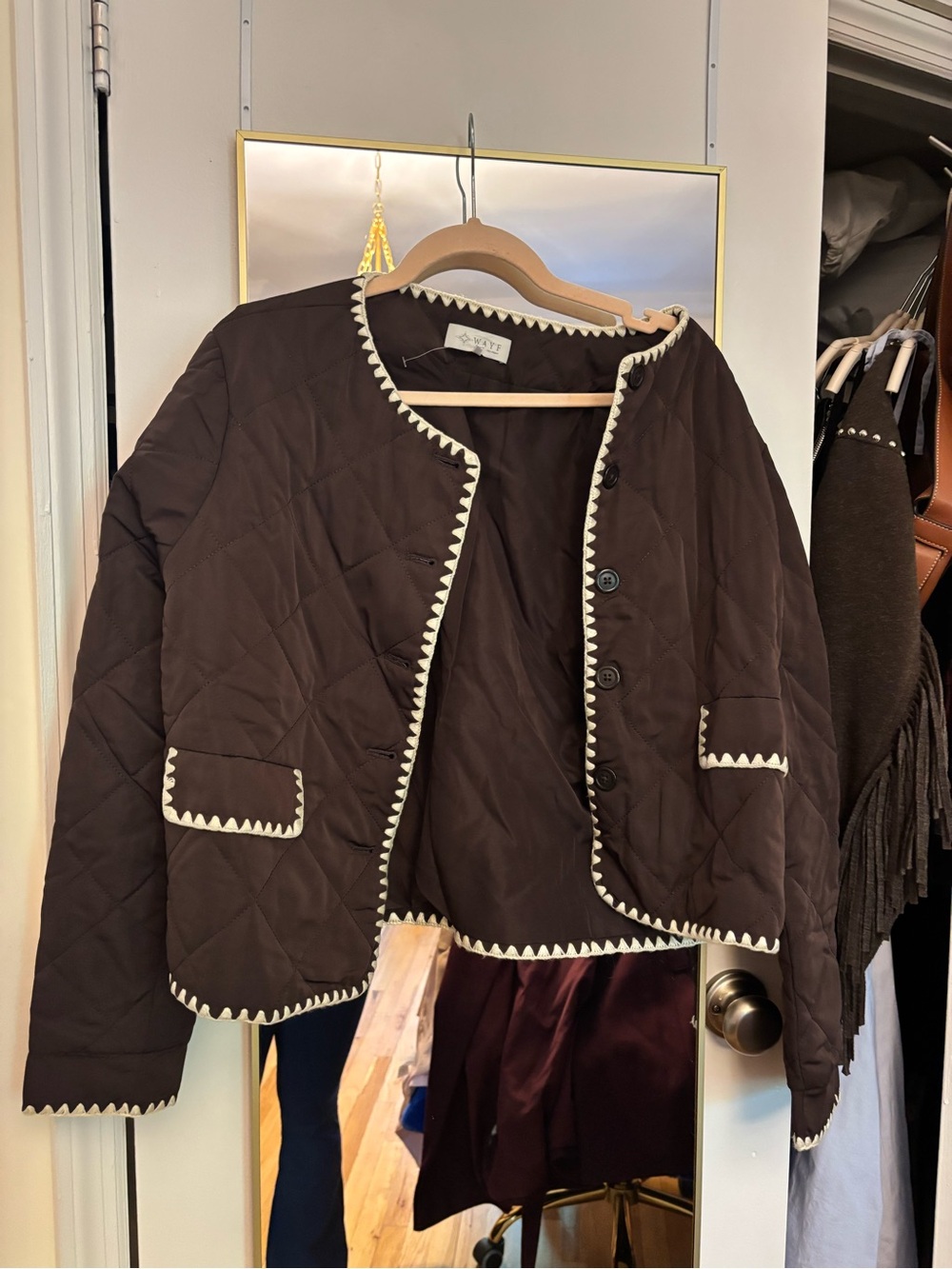 Wayf Quilted Brown Jacket with Cream Trim